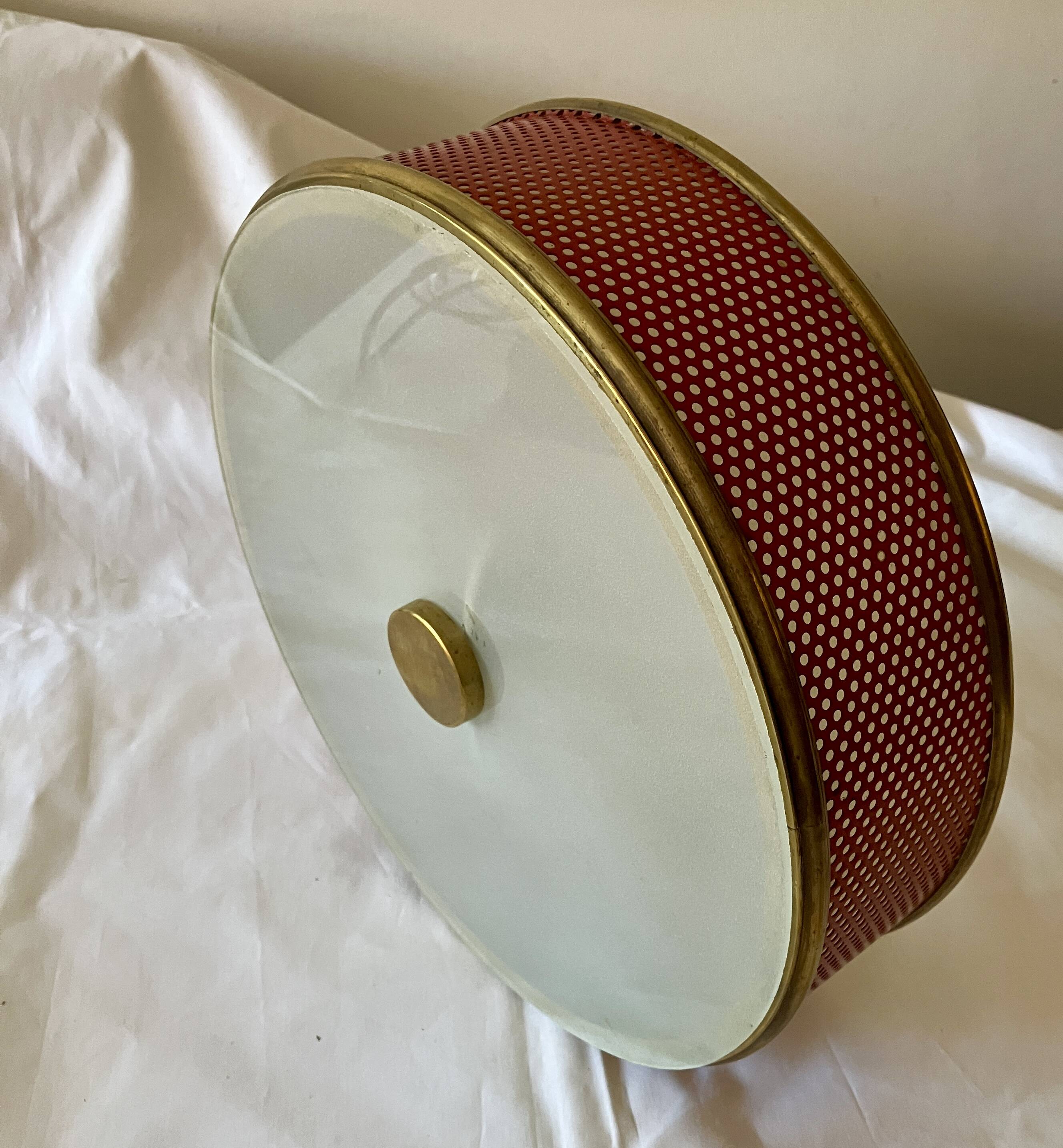 Lunel ceiling light, perforated metal and frosted glass from the 1950s.