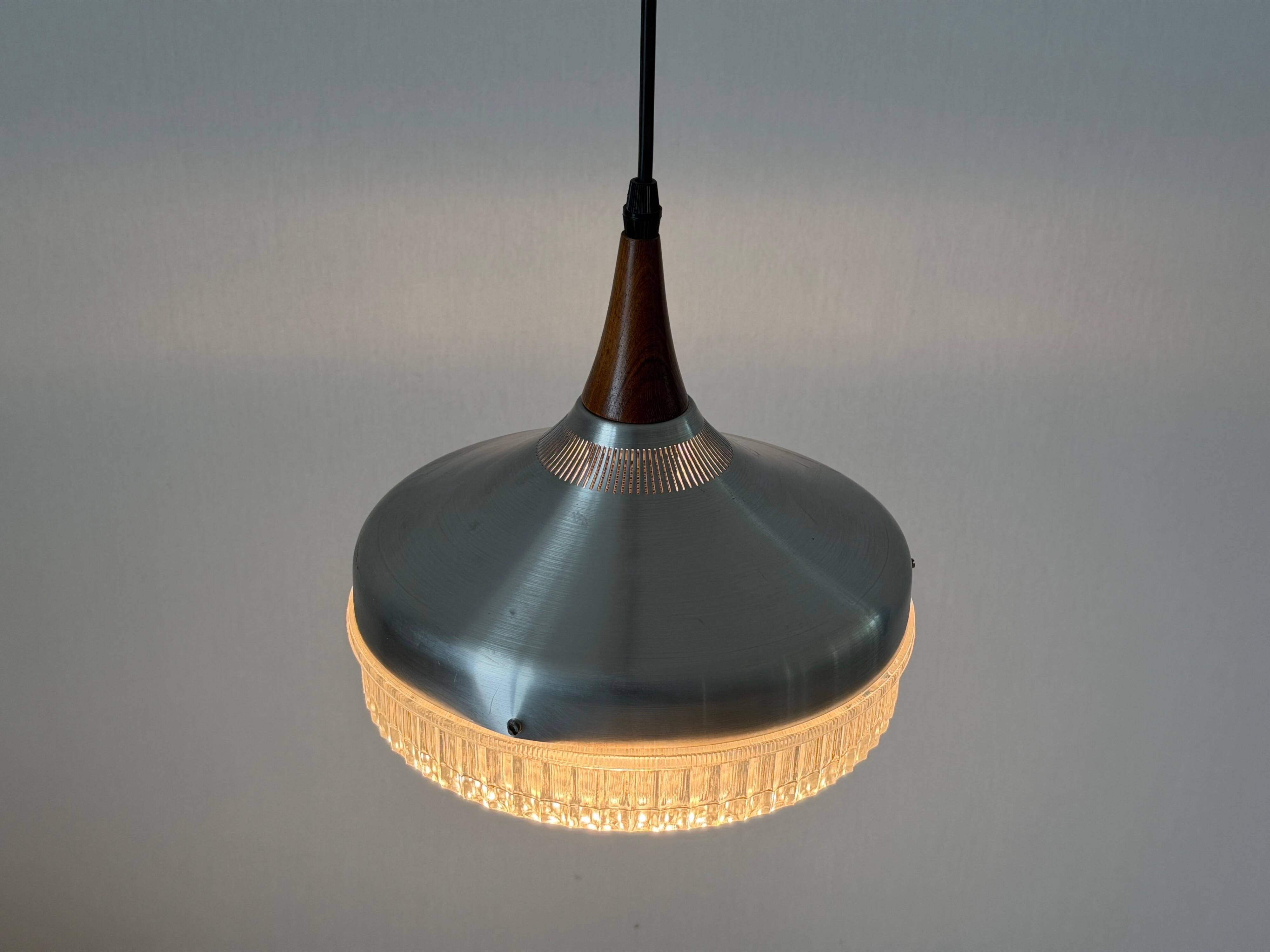 Crystal glass ceiling light with a metal frame and wood details, 1960s, Germany.
