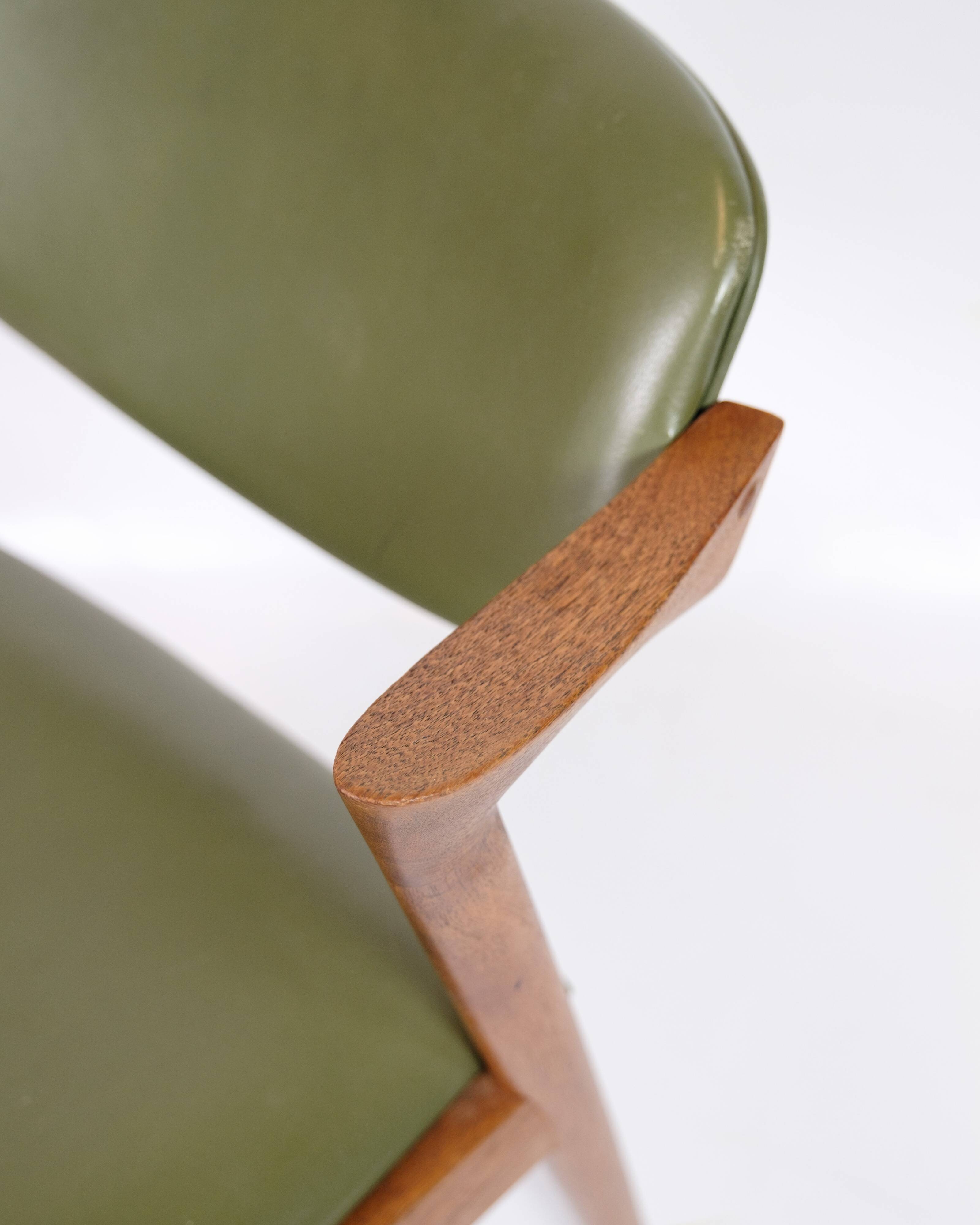 Set Of 6 Dining Chairs Model 42 Made IN Teak With Green Leather Seat By Kai Kristiansen From 1960s