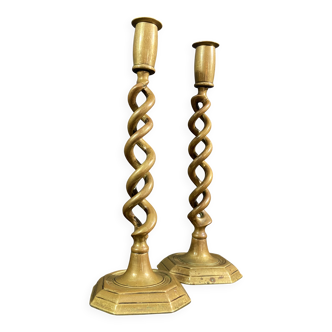 Pair of twisted bronze candlesticks, England, early 19th century