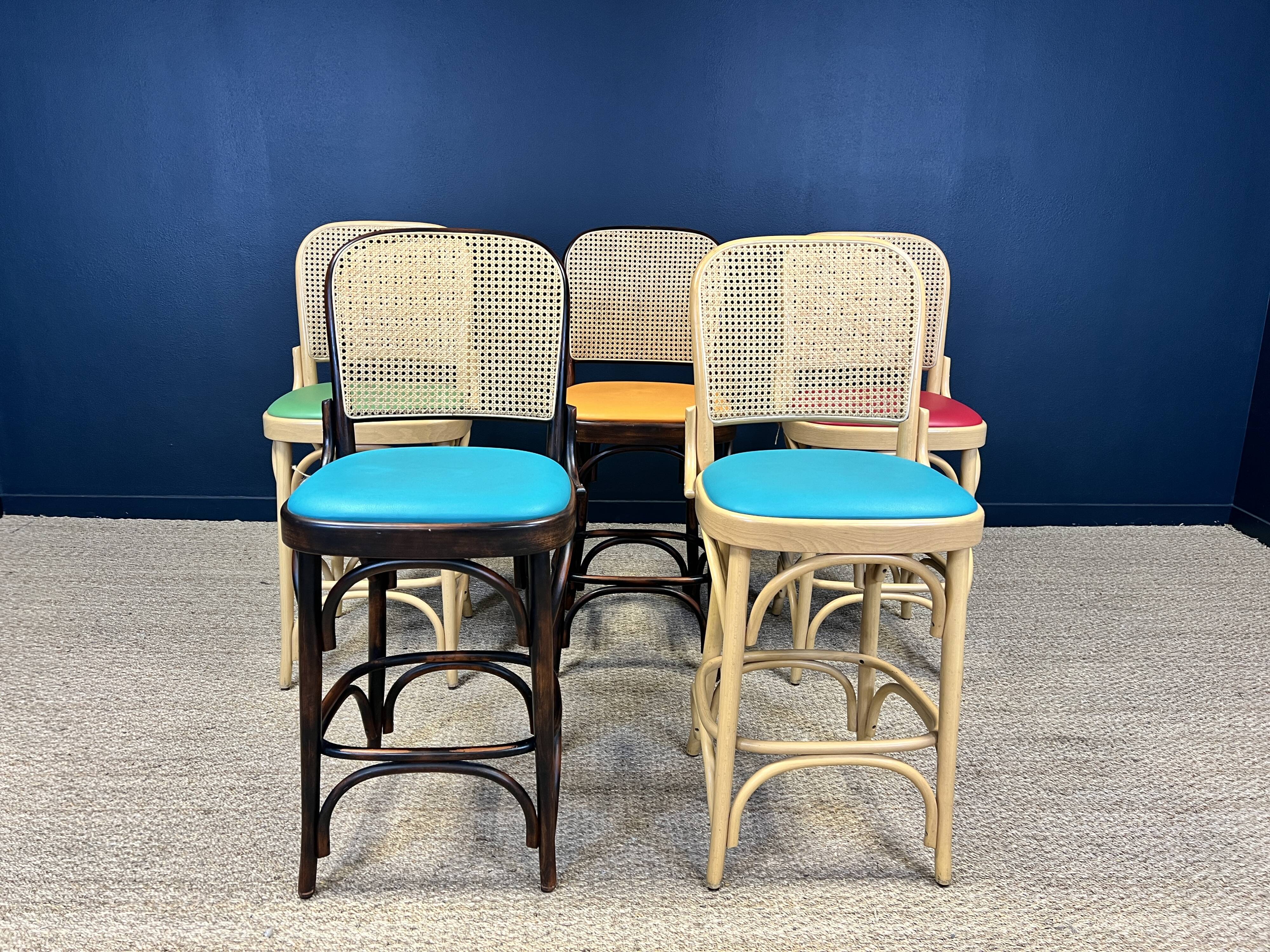 Set of 5 high chairs in light wood and dark wood with canework
