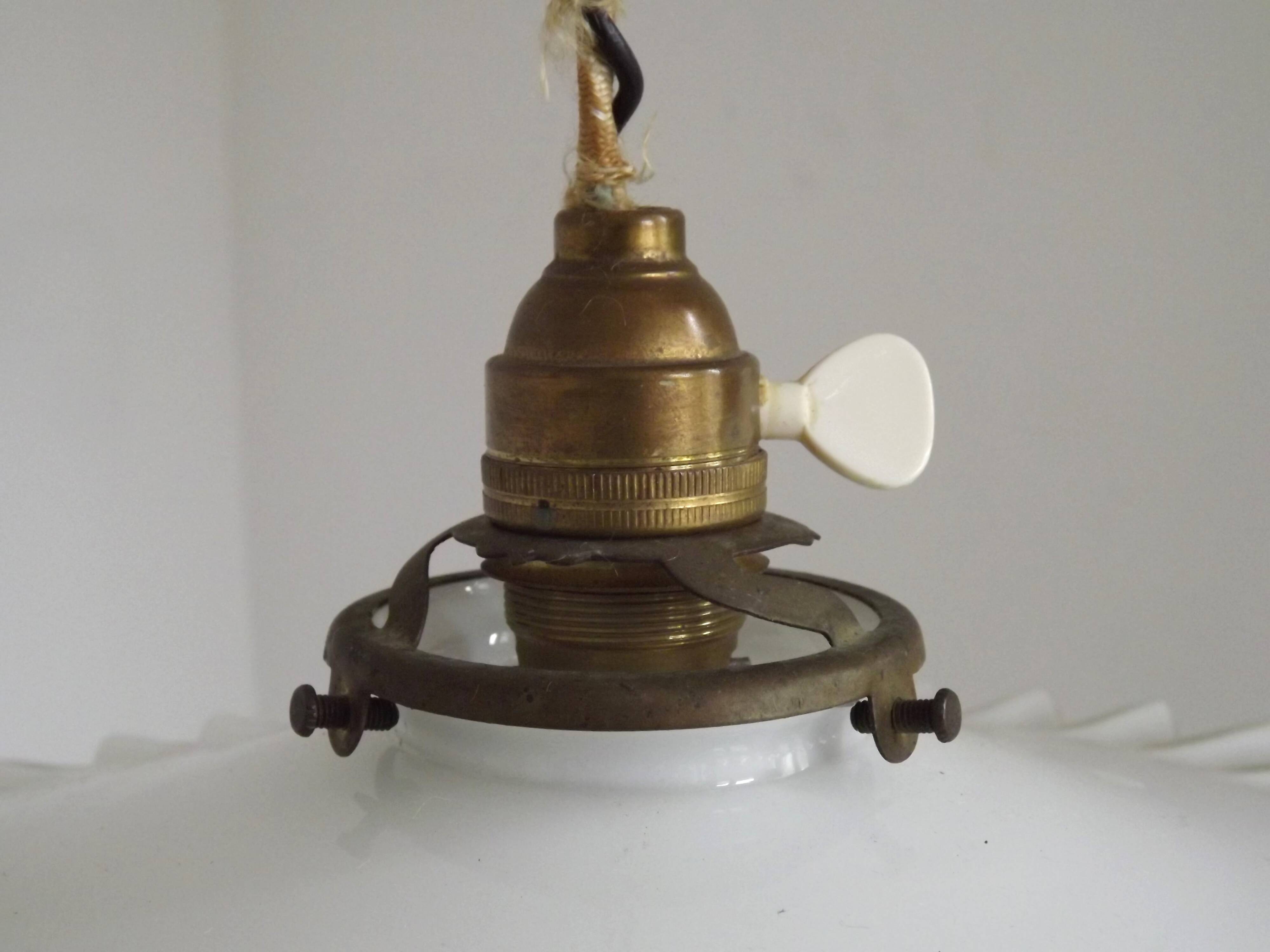 Vintage French Rise & Fall Counterbalance Ceiling Light Opaline Glass Shade