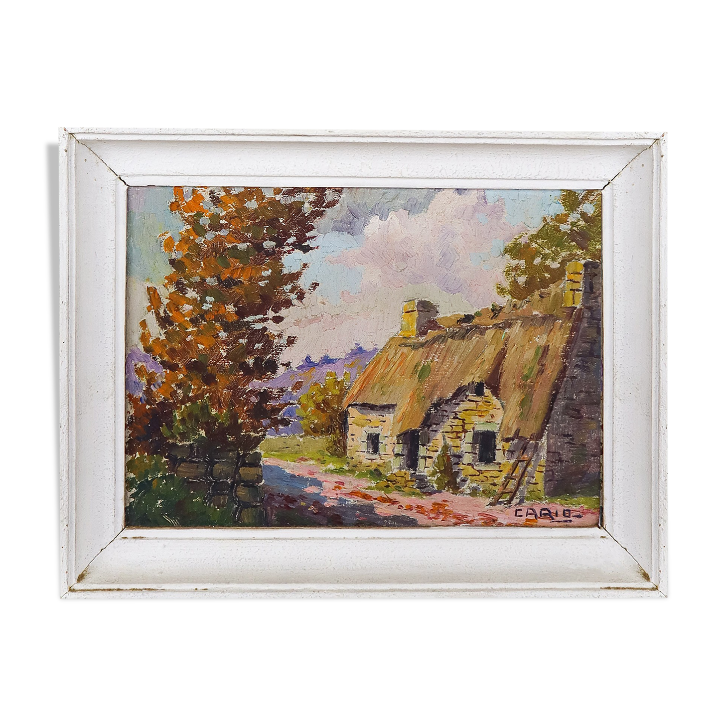 Antique French Country Cabin Oil Painting