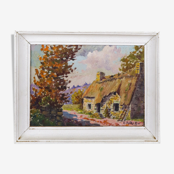 Antique French Country Cabin Oil Painting