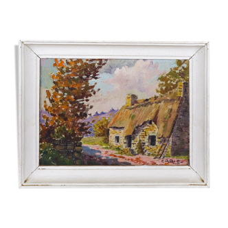 Antique French Country Cabin Oil Painting