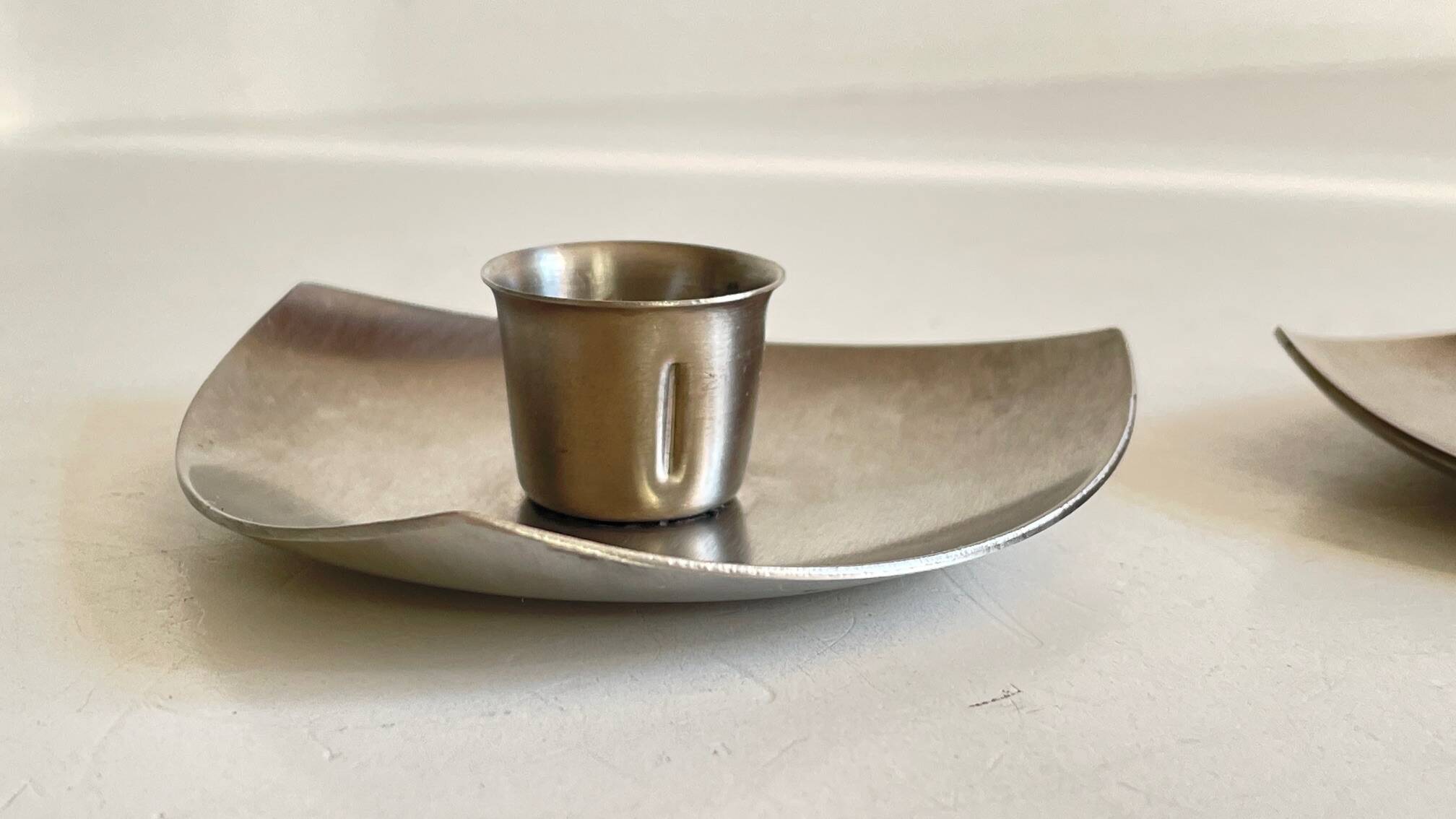 Vintage brushed metal geometric candle holders