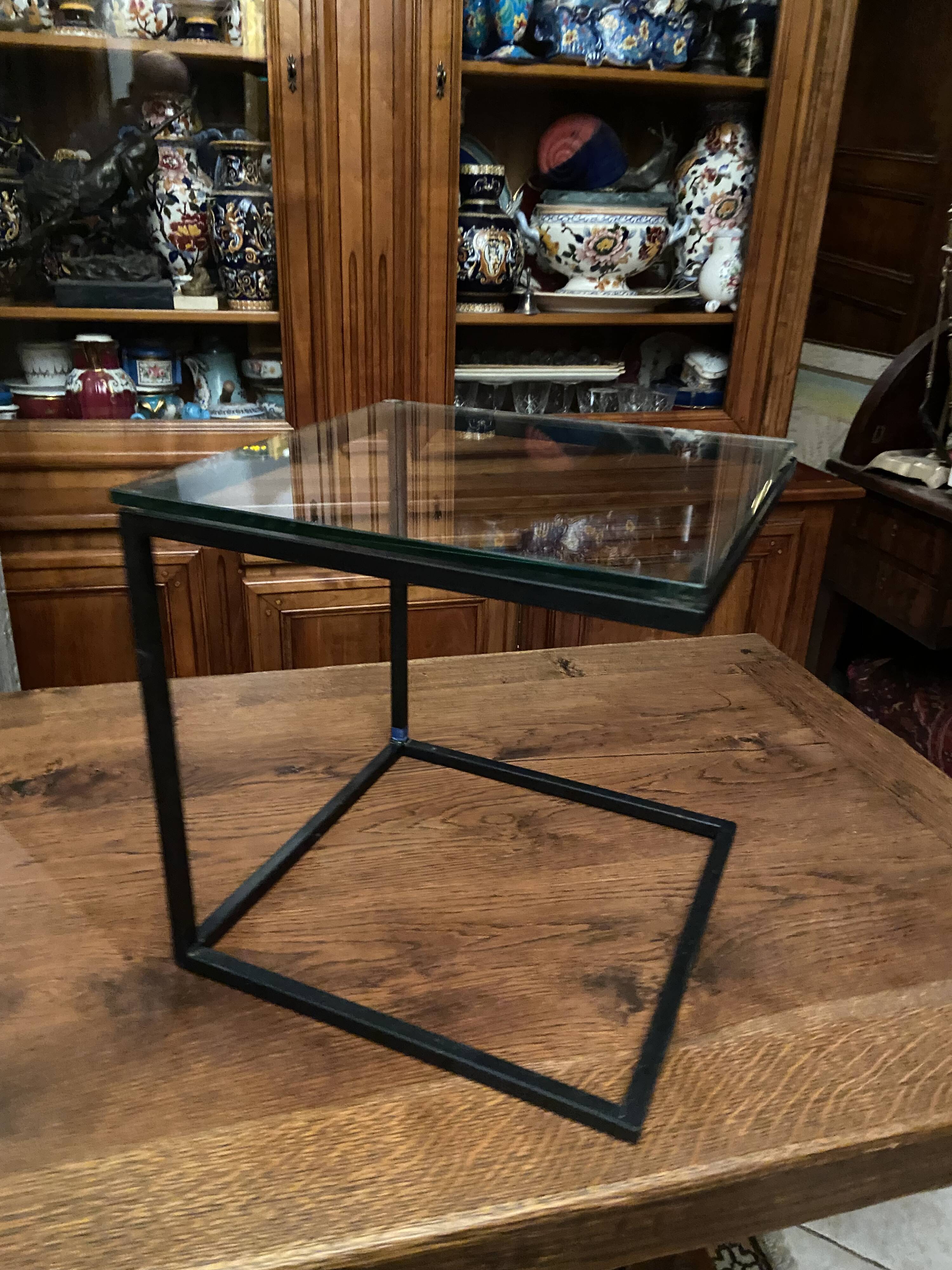 Coffee table end of sofa harness design 1970 metal and glass marked pierre chevalier