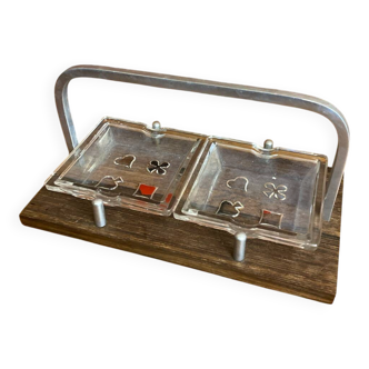 Antique molded glass ashtray + wooden stand & vintage chrome handle