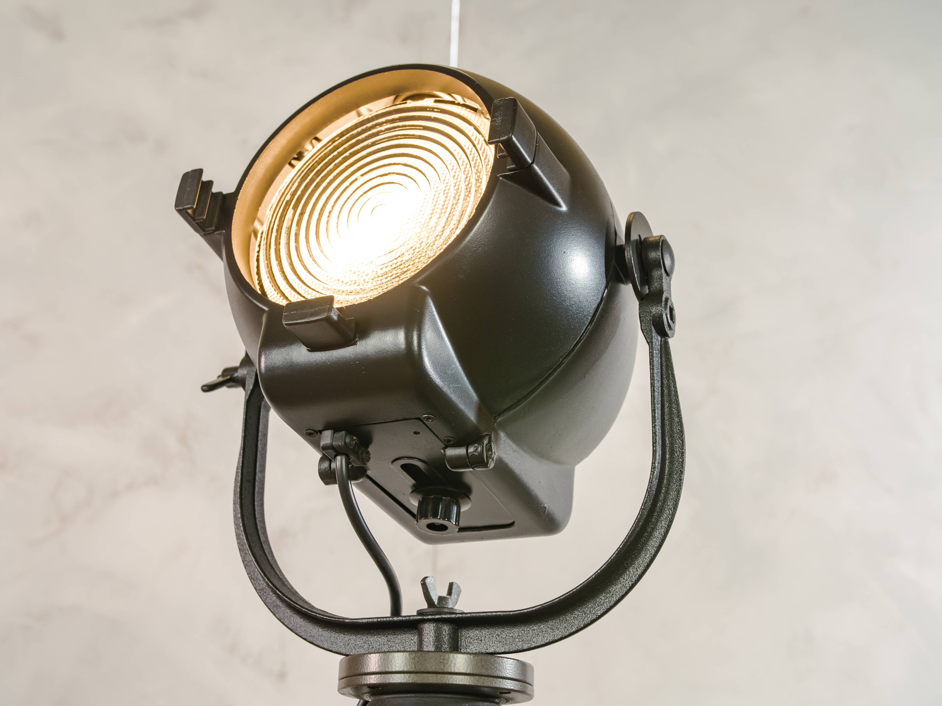 Vintage 1950s Strand Electric Patt 123 Theatre lamp on an old Wooden Army Surveyors Tripod