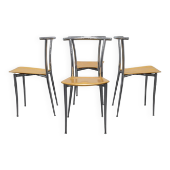 4x Postmodern Dining Chair Chrome & Plywood Segis, 90s