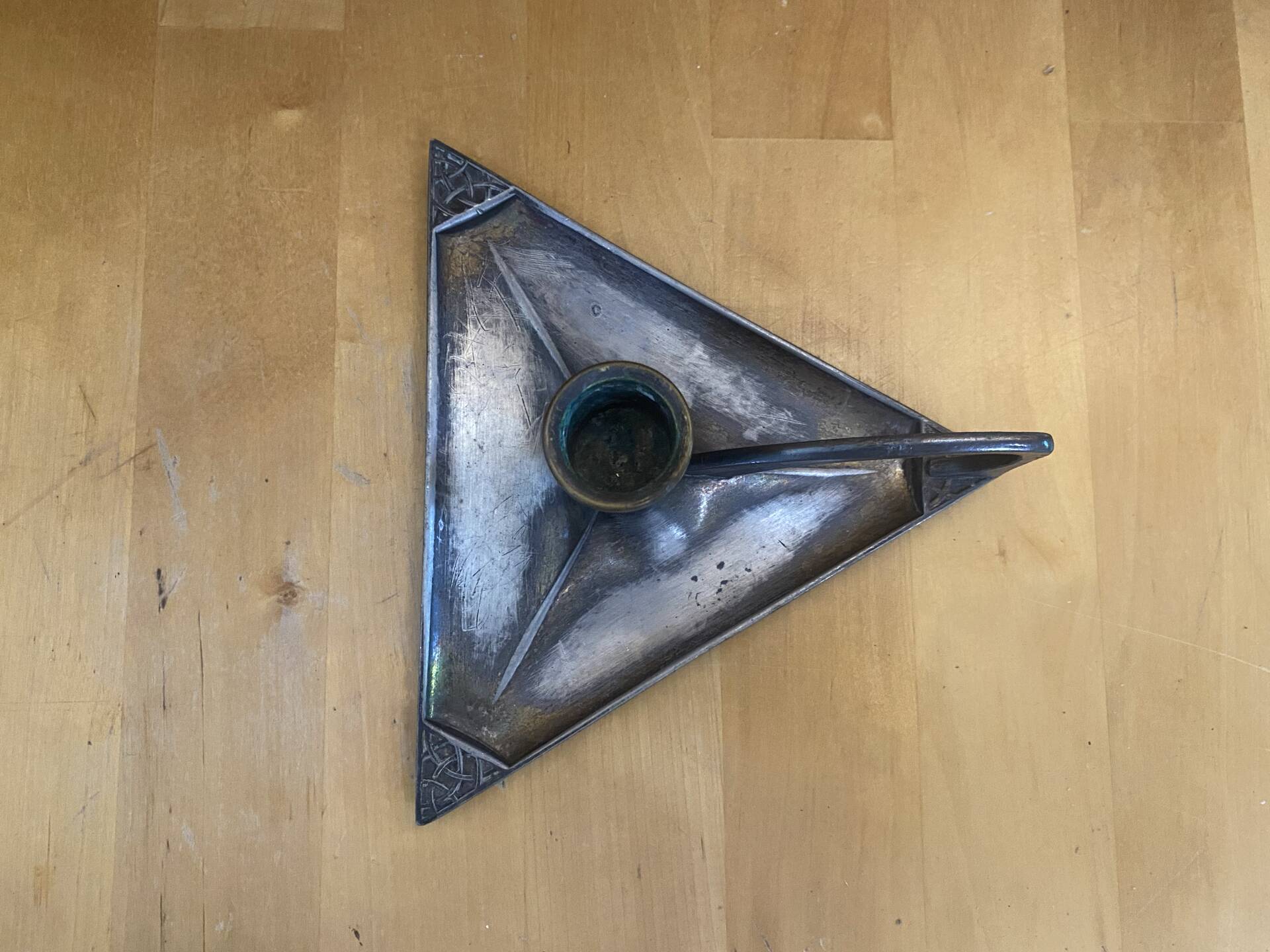 Handheld Candle Holder Art Nouveau Silver Metal Vintage Triangle
