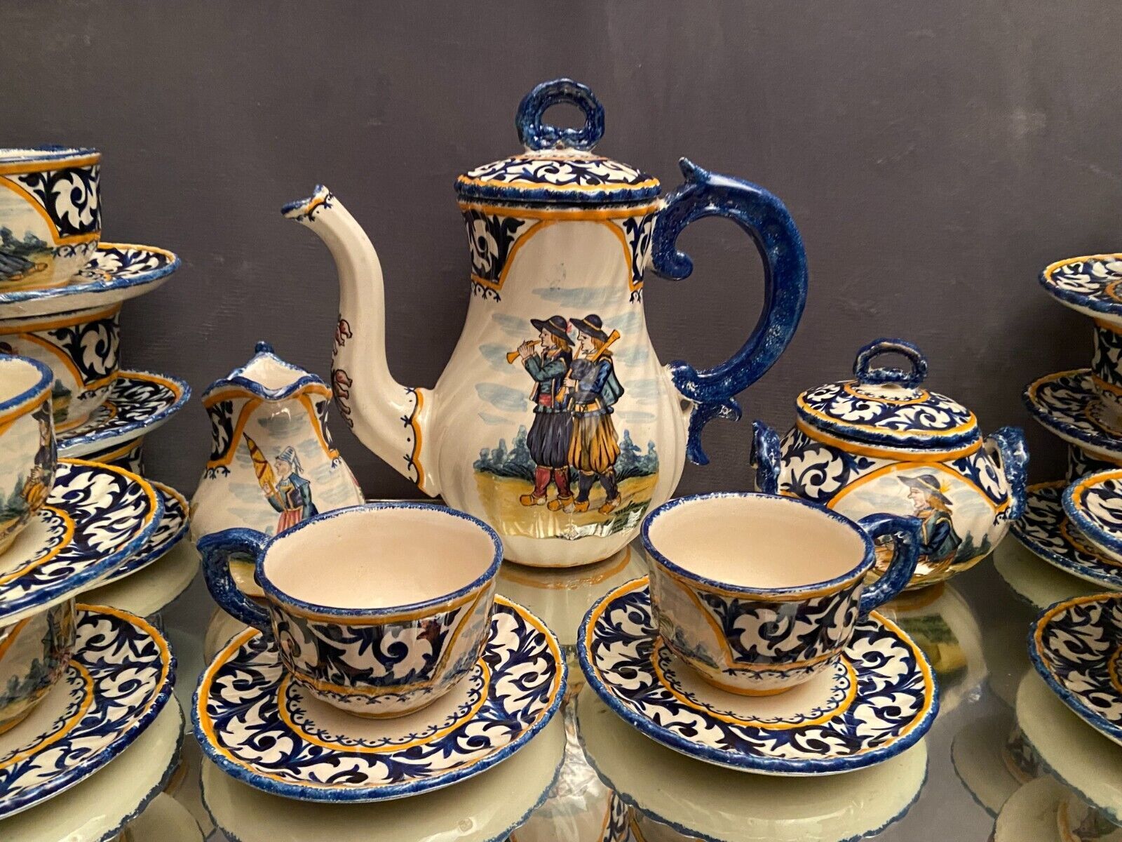 Tea service full coffee earthenware Quimper Henriot cups sugar bowl pot milk jar