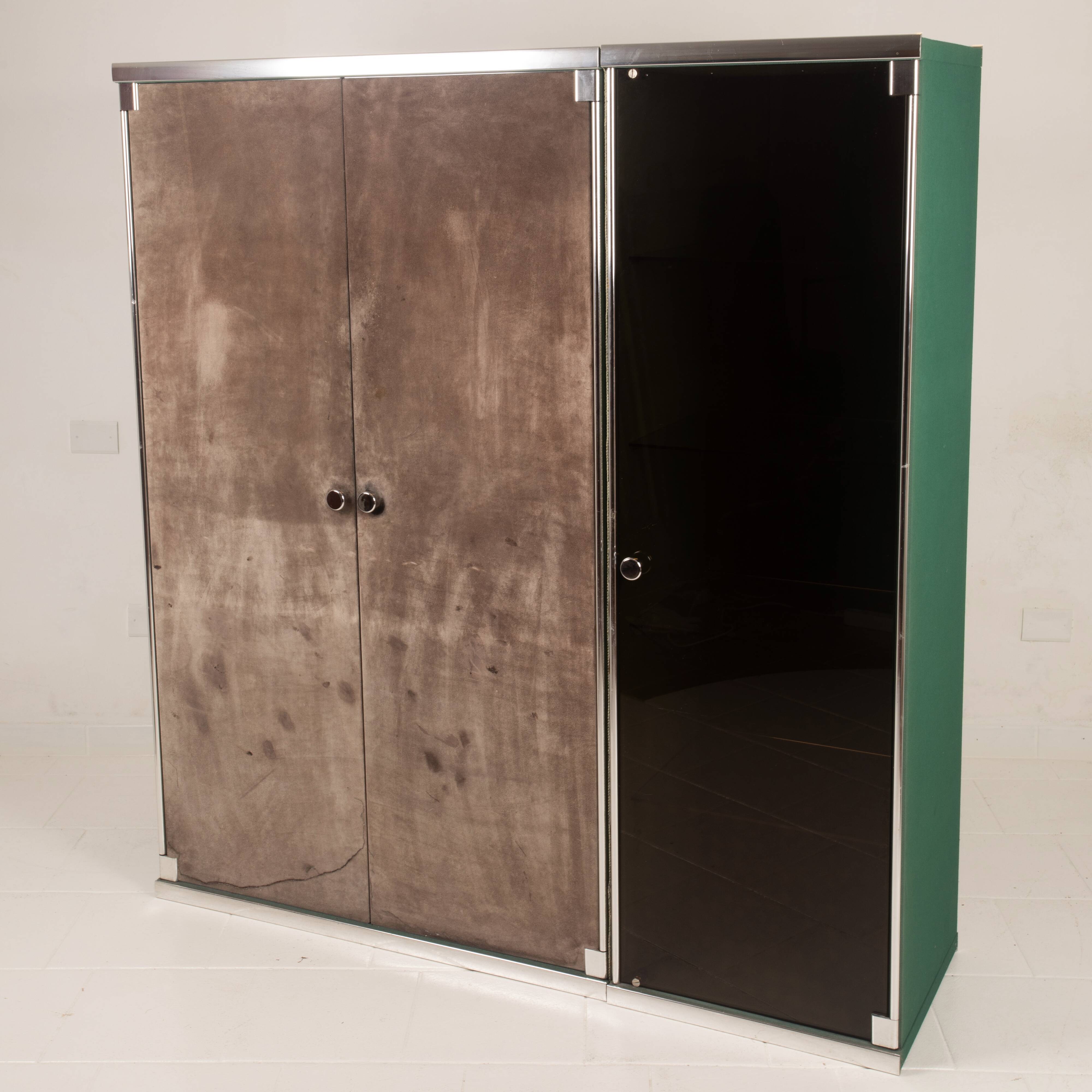 Guido Falsechini Hermès Smoked Glass and Suede Cabinets for i4 Mariani 1970