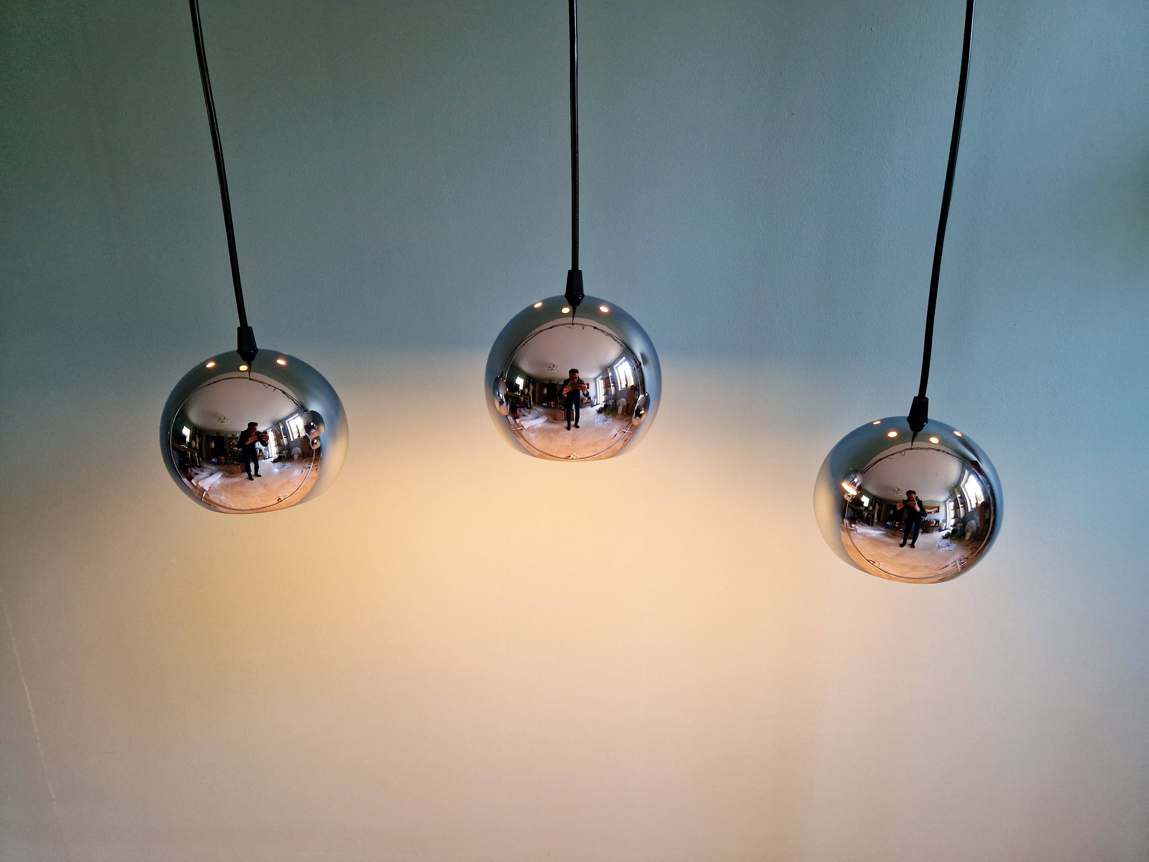 Chrome metal Eyeball suspension trio, Space Age design, 1970.