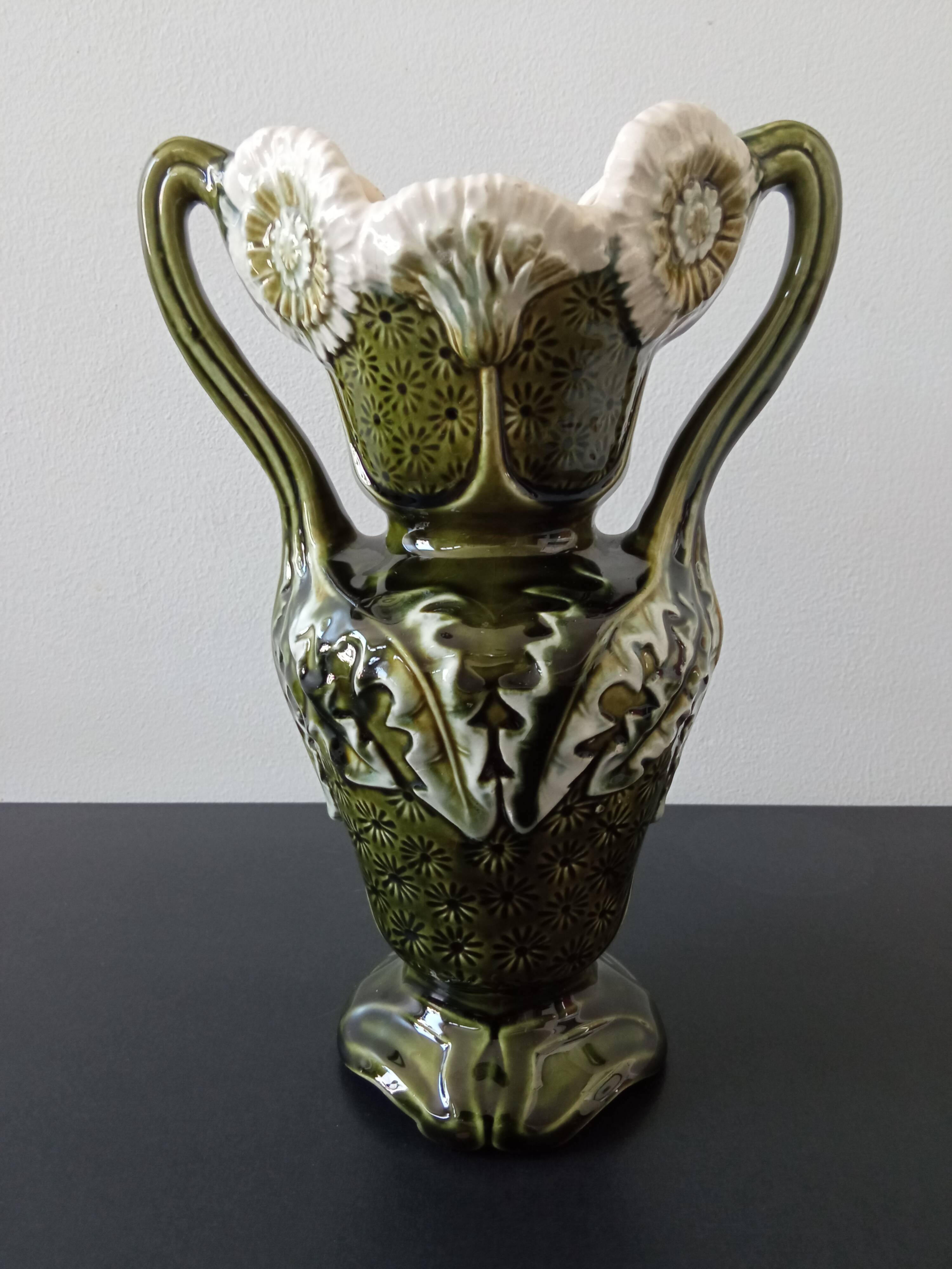 barbotine vase with art nouveau thistle flowers, very rare
