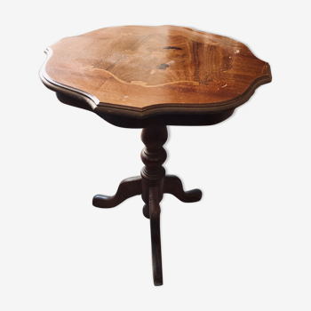 Table guéridon vintage en bois et marqueterie