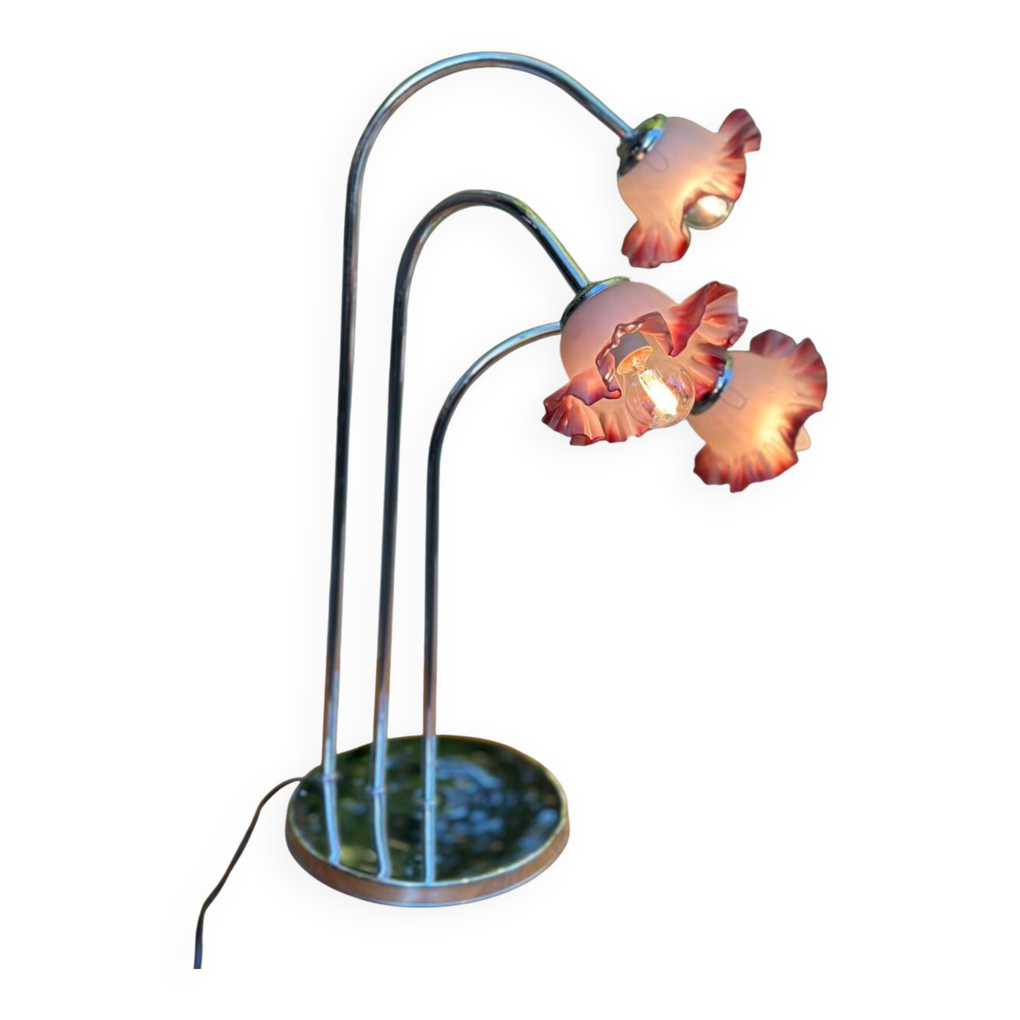 Hollywood Regency flower lamp in chrome steel and glass from the 1970s.
