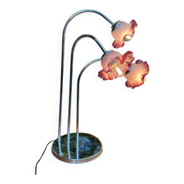 Hollywood Regency flower lamp in chrome steel and glass from the 1970s.