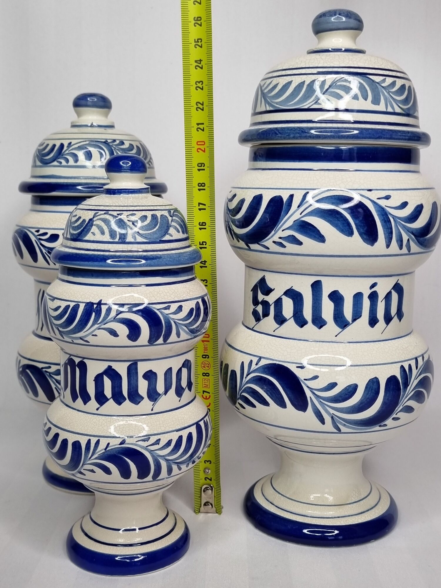 Set of three covered apothecary pots, Malva, Pinus, Salvia in glazed ceramic