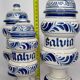 Set of three covered apothecary pots, Malva, Pinus, Salvia in glazed ceramic