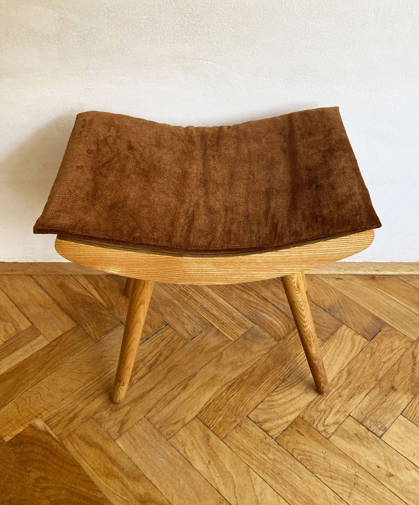 1970's Mid-Century Modern Beechwood Stool with New Upholstery