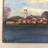 Village on the river, oil on wood early 20th century, signature for identification