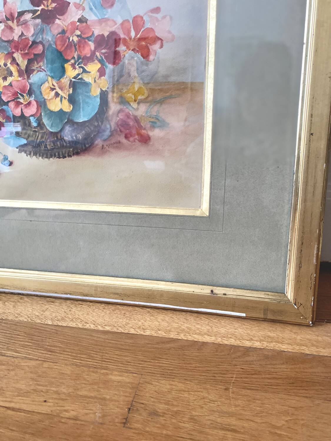 Grand tableau Aquarelle encadrées fin 19e siècle motif panier de fleurs