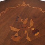 Pedestal table or side table, carved wooden legs, inlaid veneer on the top.