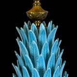 1.05 m pineapple lamp in turquoise ceramic on a gilded wooden base from the 1950s
