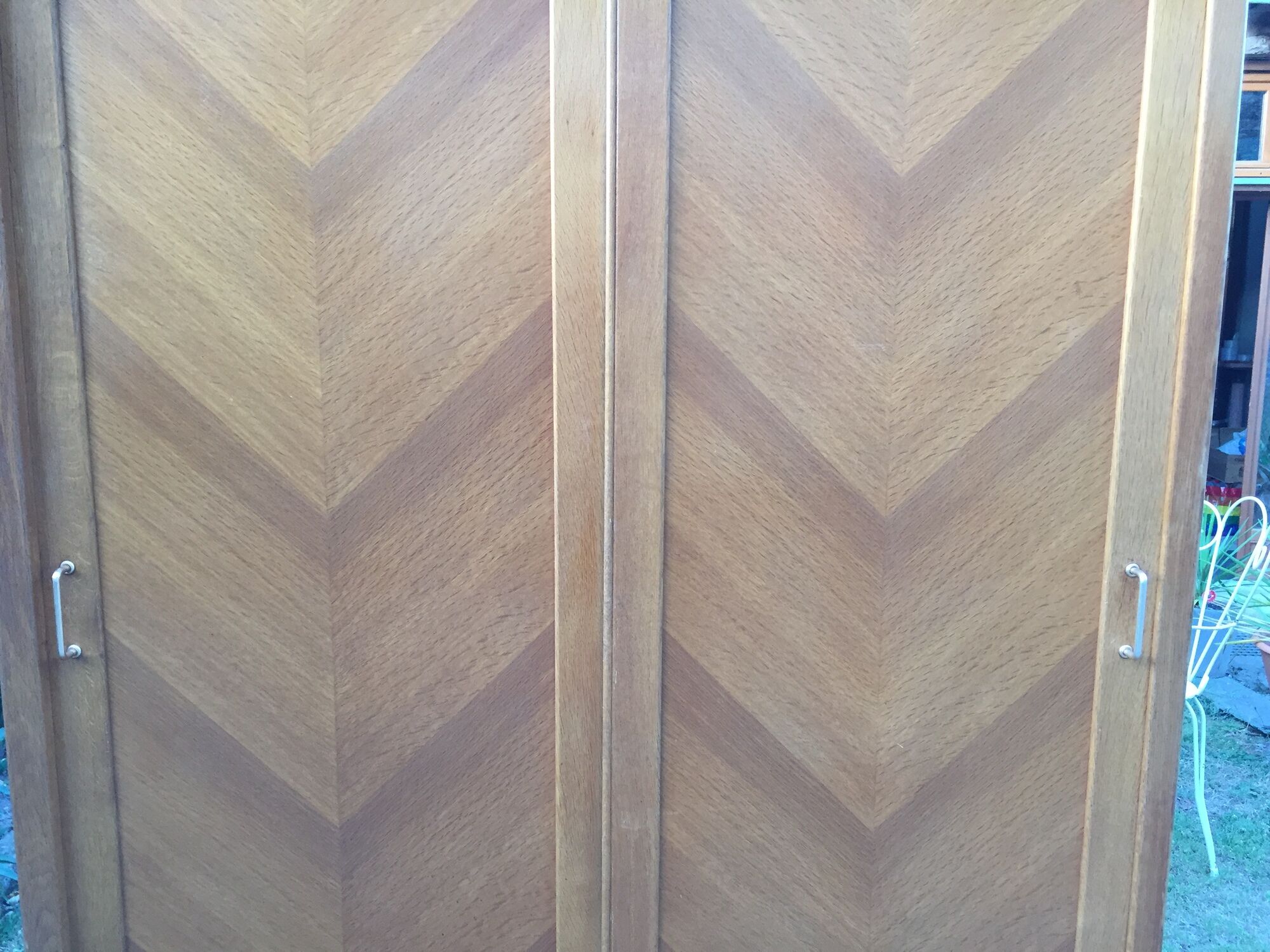 Vintage wardrobe with compass feet in oak and oak cp with 2 sliding doors.