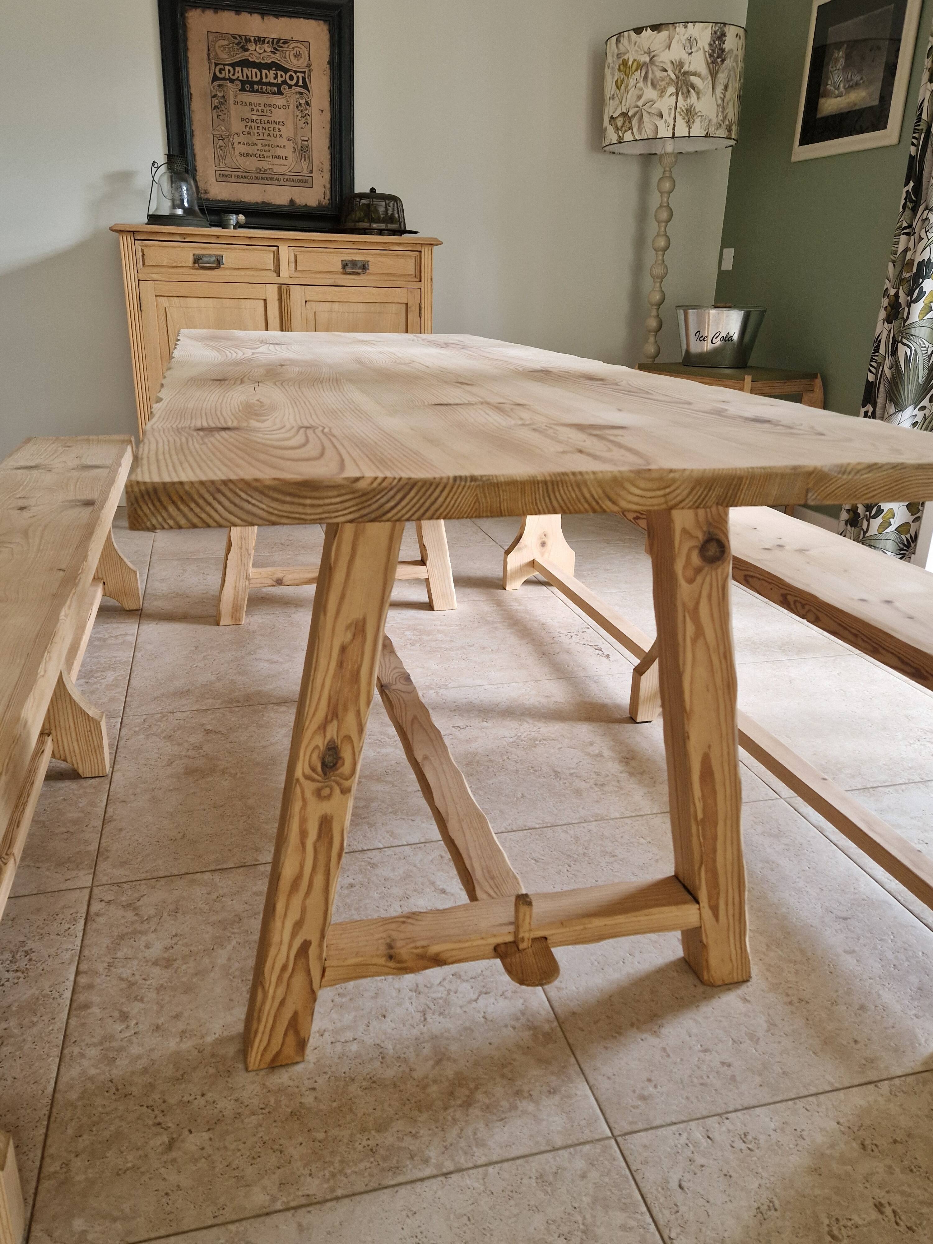 farm table and wooden benches