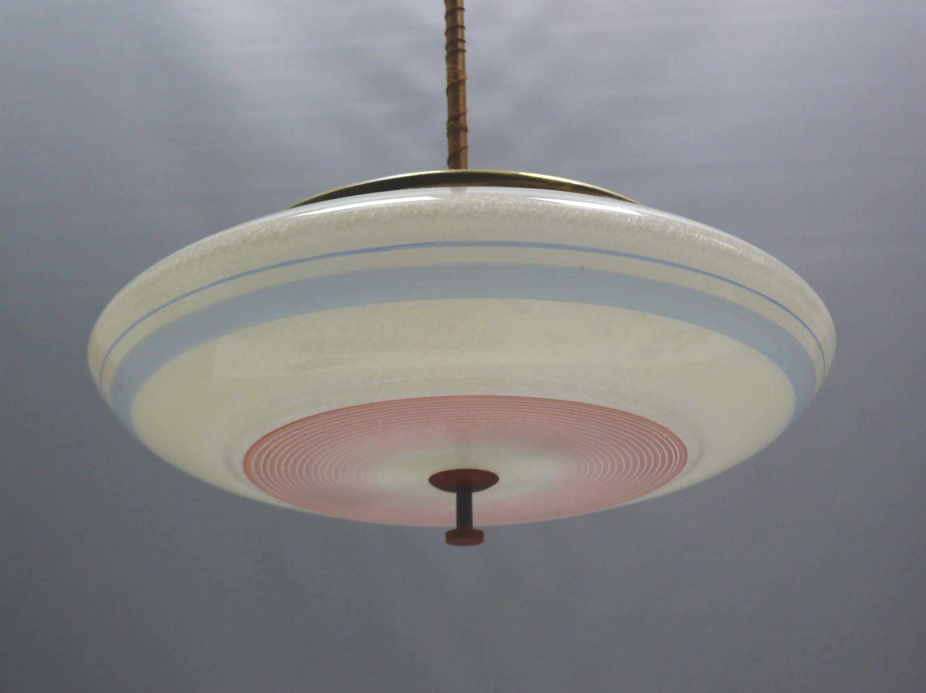Suspension Art Déco en laiton blanc et verre - années 1930-1950