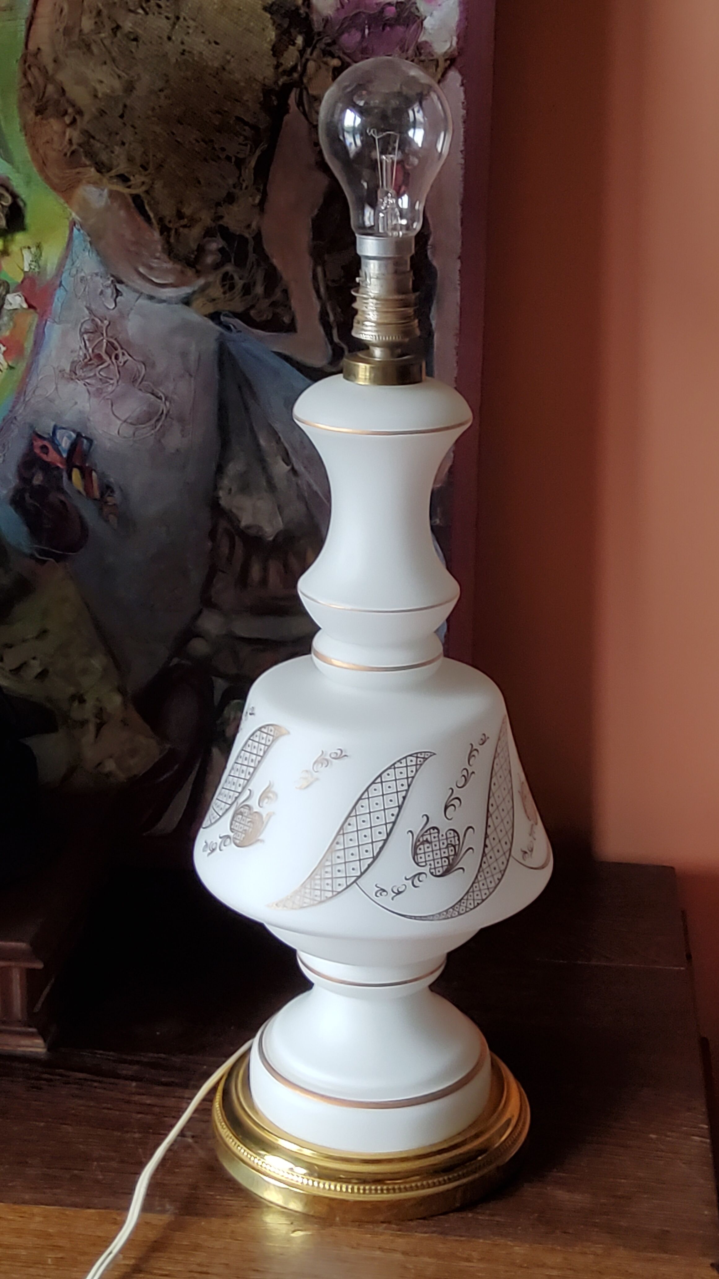 Vintage lamp of the 50s in white and golden opaline glass lampshade in red satin 75cm