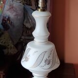 Vintage lamp of the 50s in white and golden opaline glass lampshade in red satin 75cm