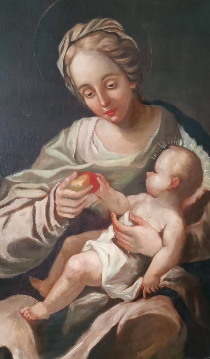 Peinture à l'huile ancienne sur toile, Vierge à l'Enfant, XVIIIe siècle