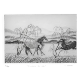 Camille combe: manes in the wind, original signed engraving