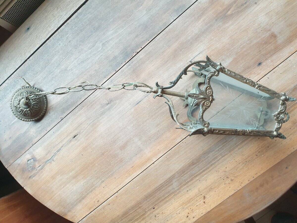 Small chandelier / lantern in bronze with etched glass - Louis XV style