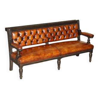 Victorian Chesterfield leather pub bench restored