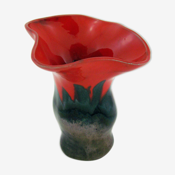 Vase corolle en céramique flammée et irisée rouge et noir - style Elchinger - vintage années 50