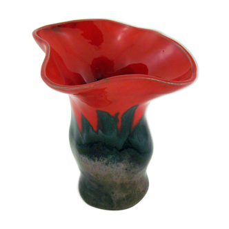 Vase corolle en céramique flammée et irisée rouge et noir - style Elchinger - vintage années 50