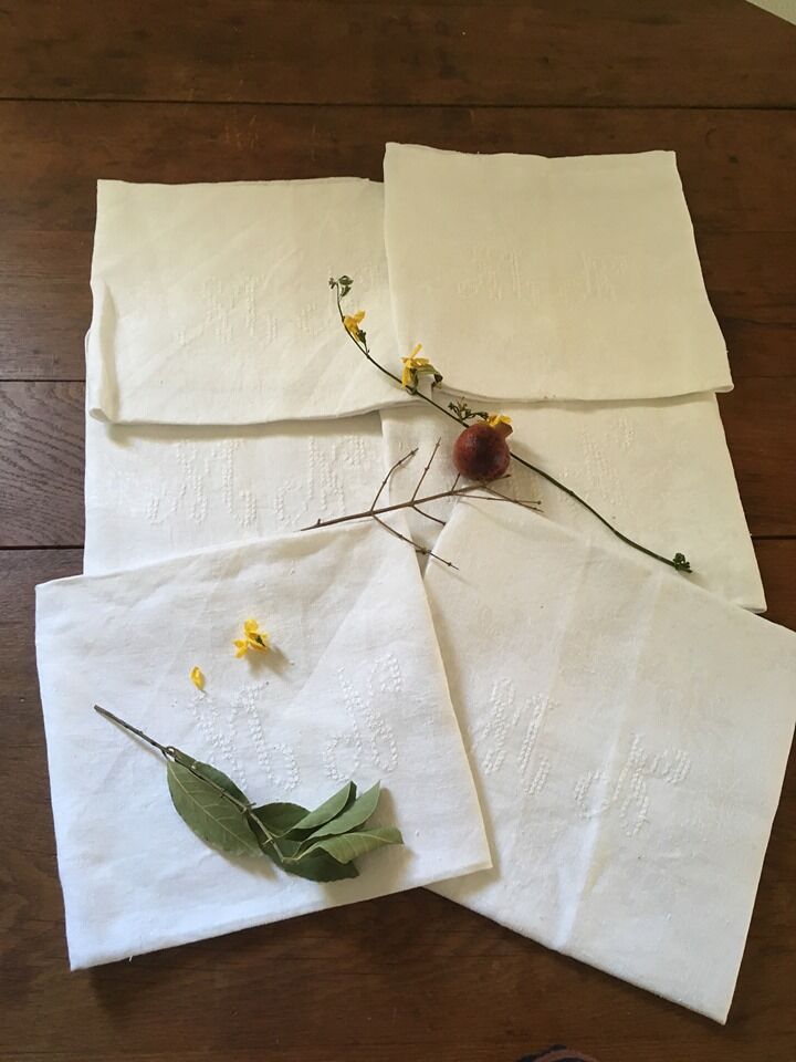 Six damask white towels and embroidered M N.