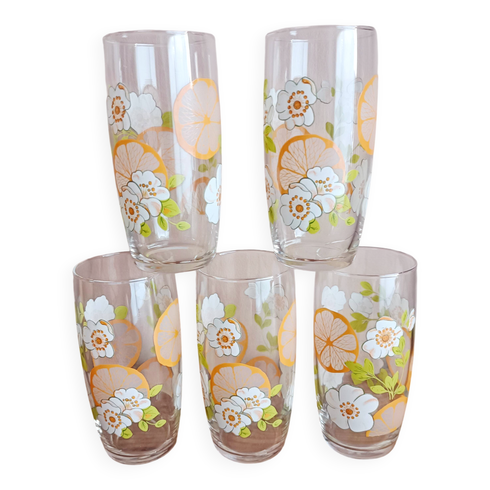 Set of 5 floral orangeade glasses