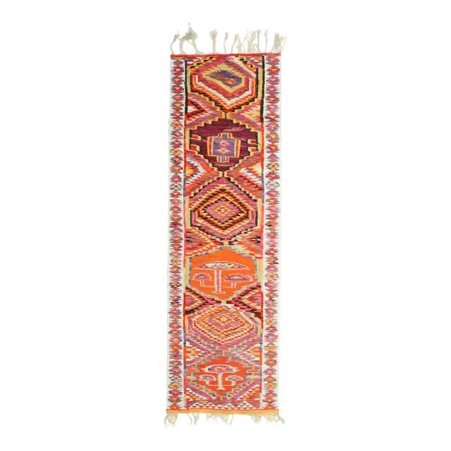 1970s Vintage Turkish Hand-Knotted Wool Cotton Orange Runner Rug 102x330