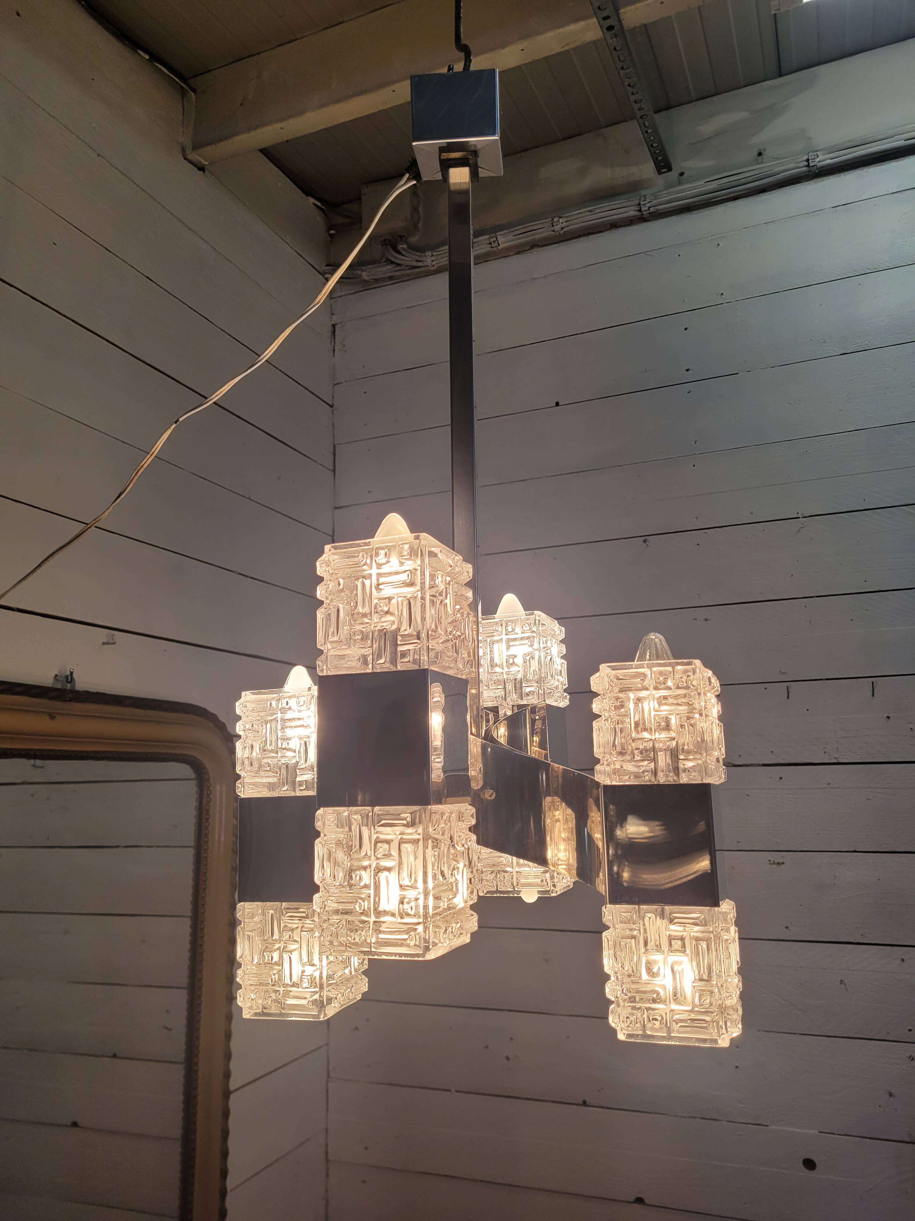 Chrome and glass pendant chandelier by Sciolari, Italy, 1960s