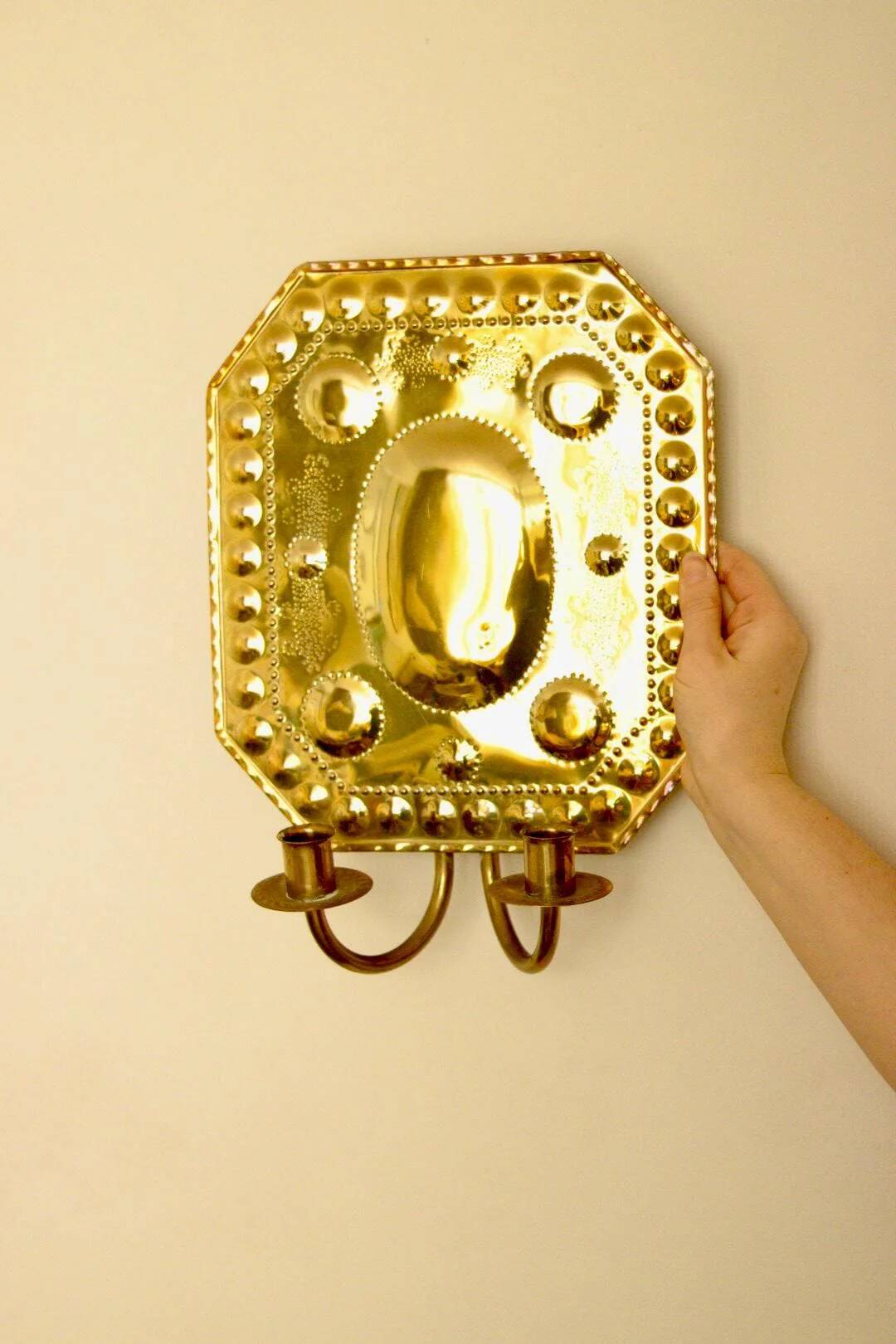 Single mid-century Swedish brass sconce for two candles
