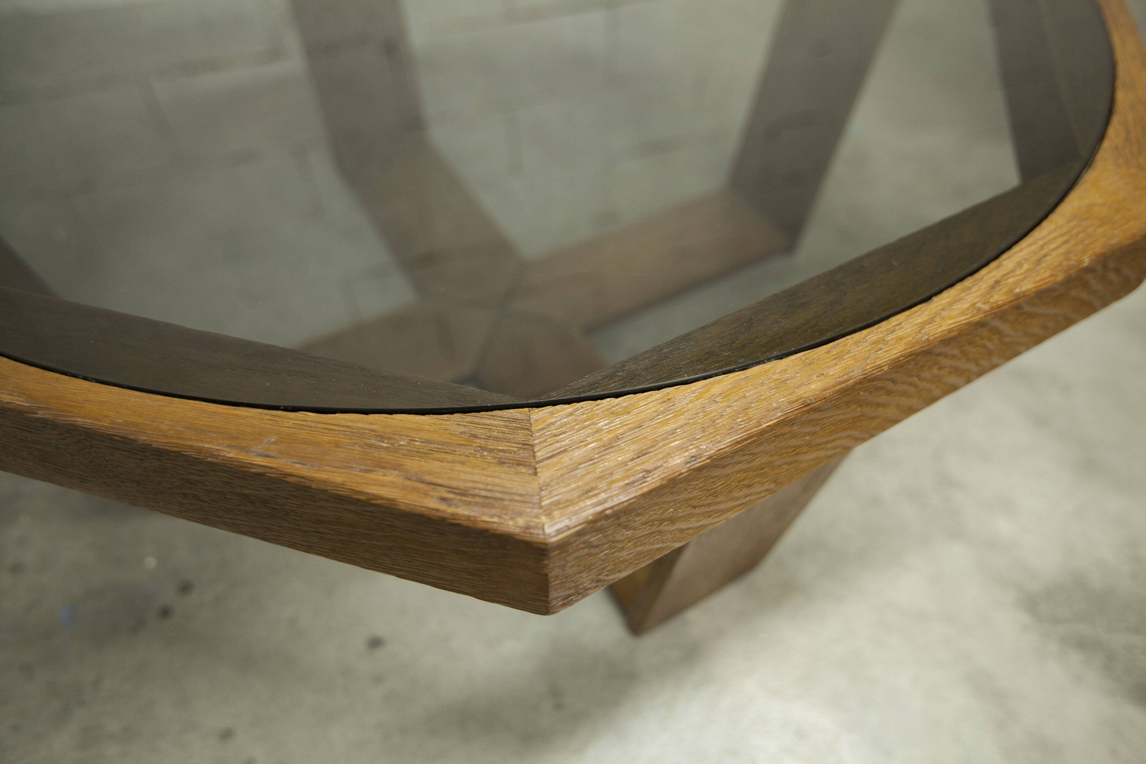 Unique hexagonal table 1977, smoked glass and oak, Swiss made.