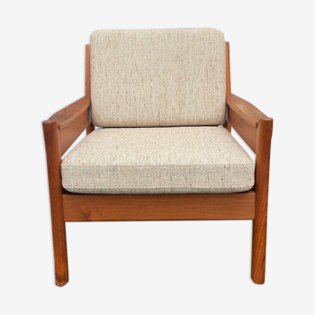 Fauteuil danois des années 60 en bois et laine de la marque Dyrlund