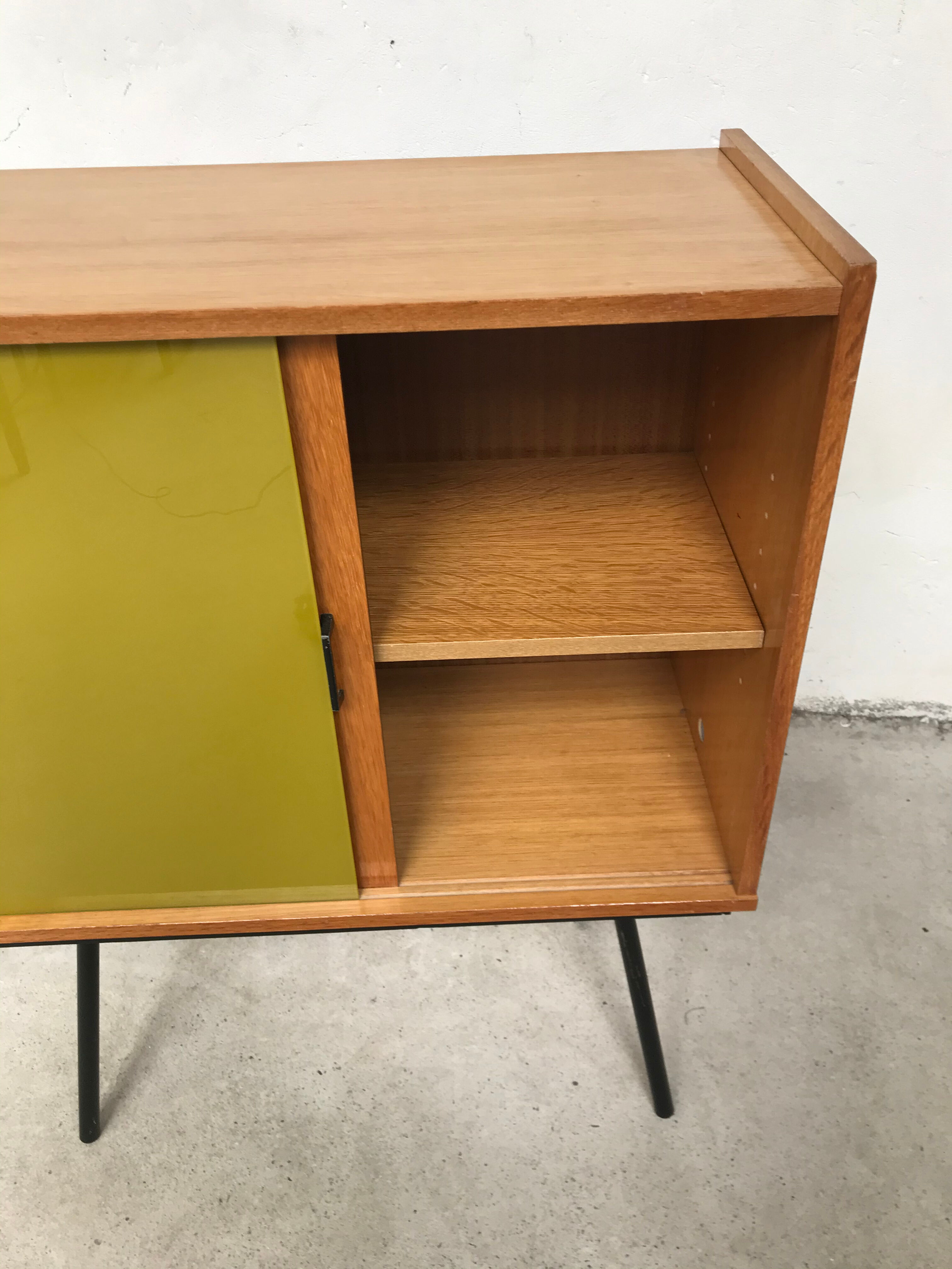 Showcase small storage cabinet vintage blond wood 60s