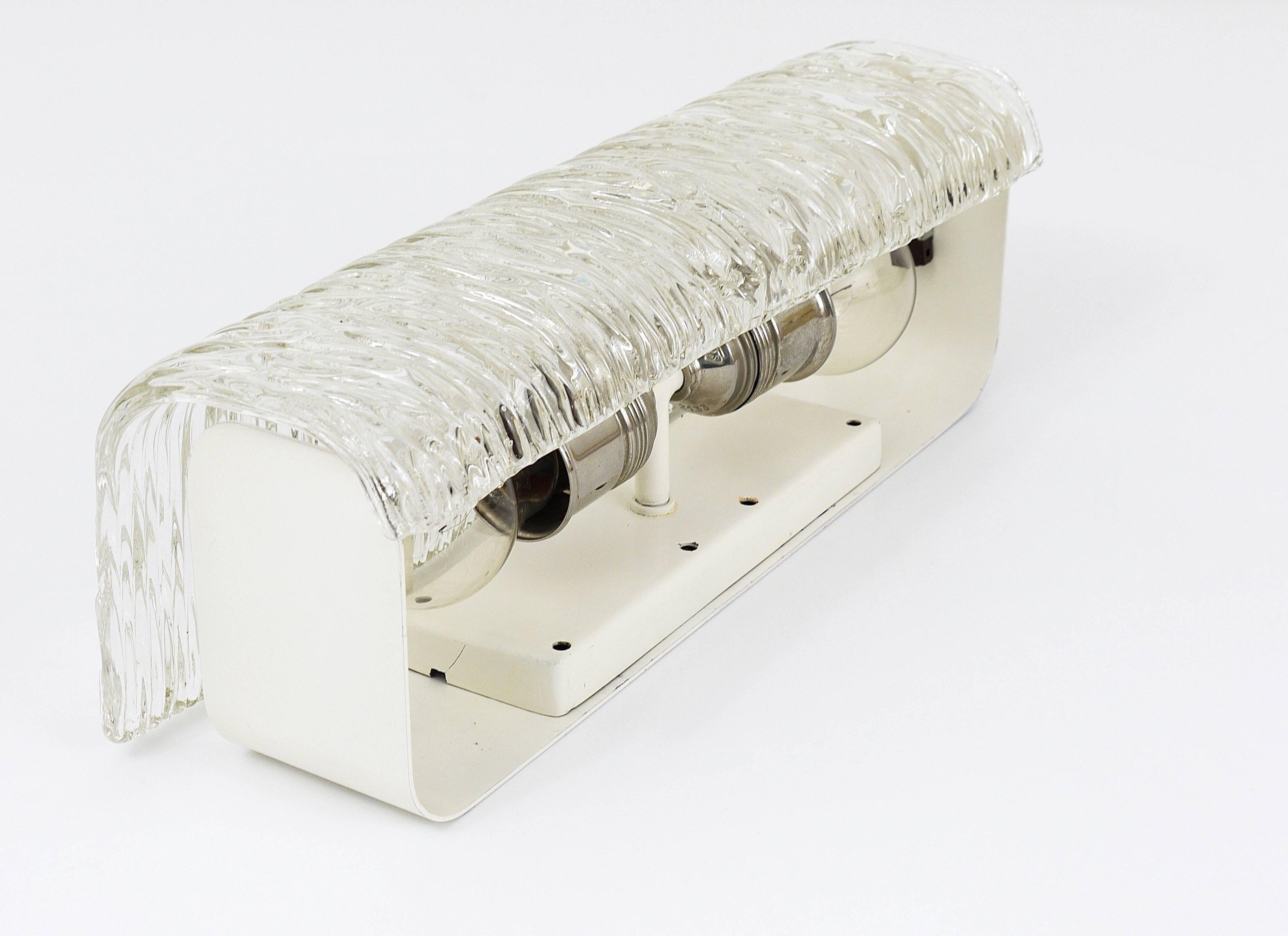 Wall-mounted mirror sconce by J.T. Kalmar, brass and textured glass, Austria, 1950s.