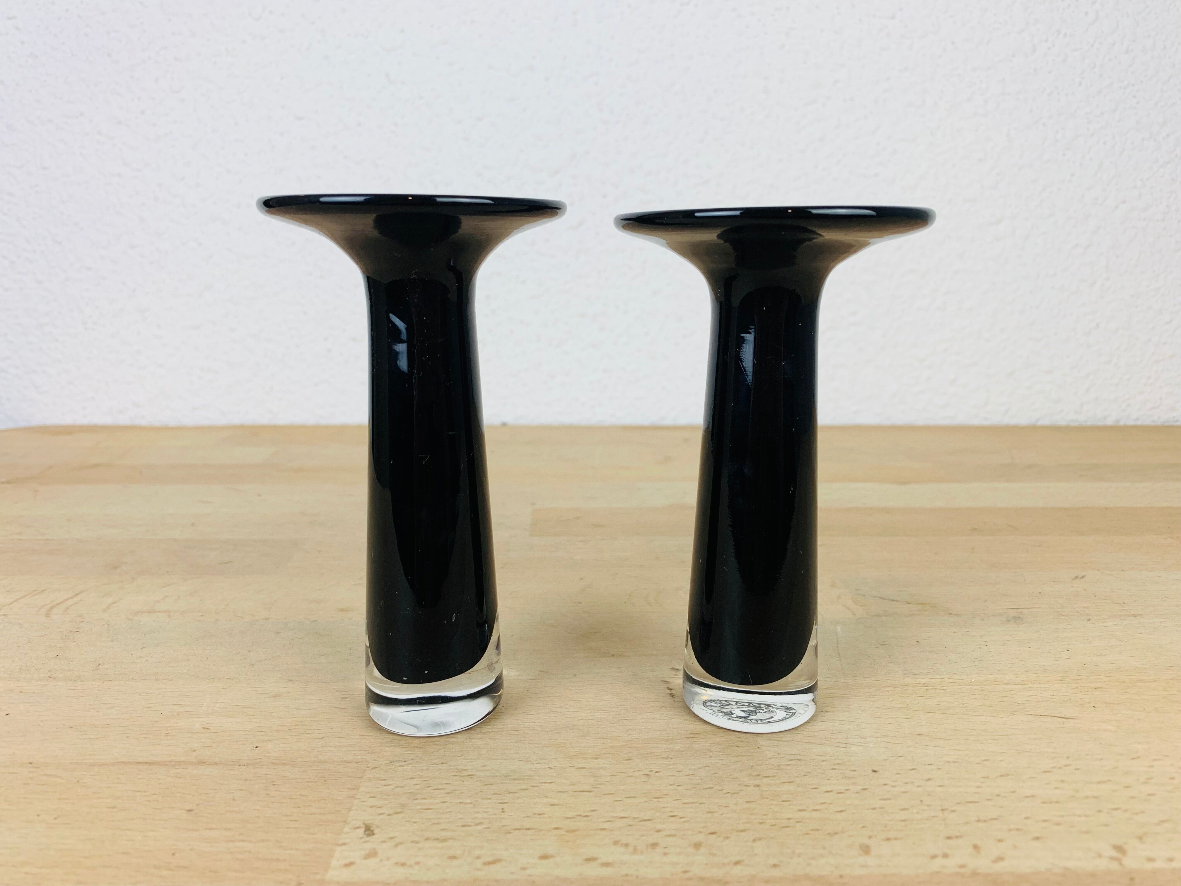 Pair of black blown glass candlesticks